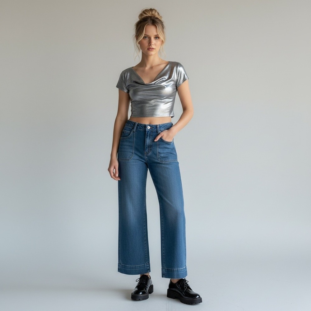 High Rise Wide Leg Cropped Utility Jeans Front Patch Pocket Medium Vtg Wash L